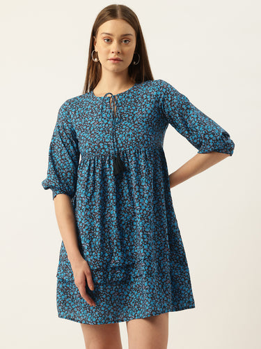 Ditsy Floral Printed Tie-Up Neck Gathered Mini Dress